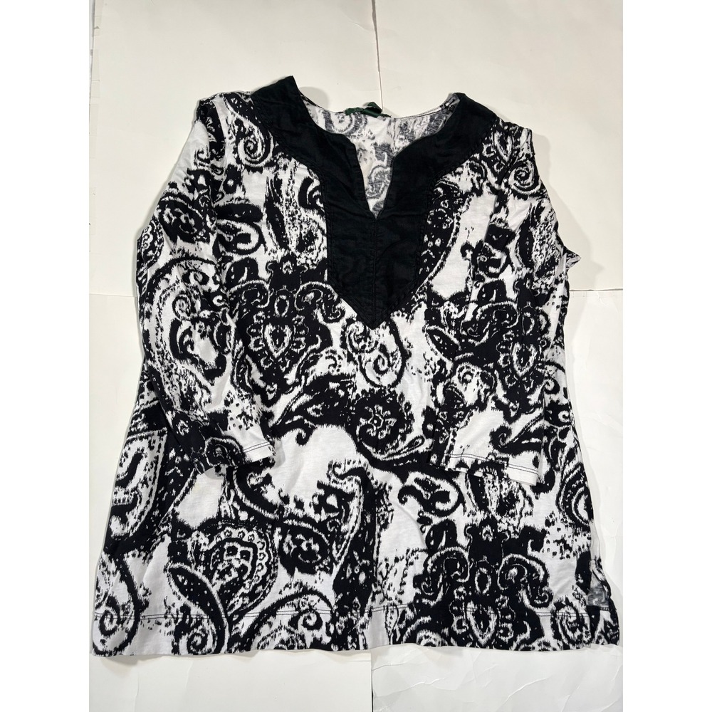 Lauren Ralph Lauren Womens Large Black White Paisley Print Tunic Top